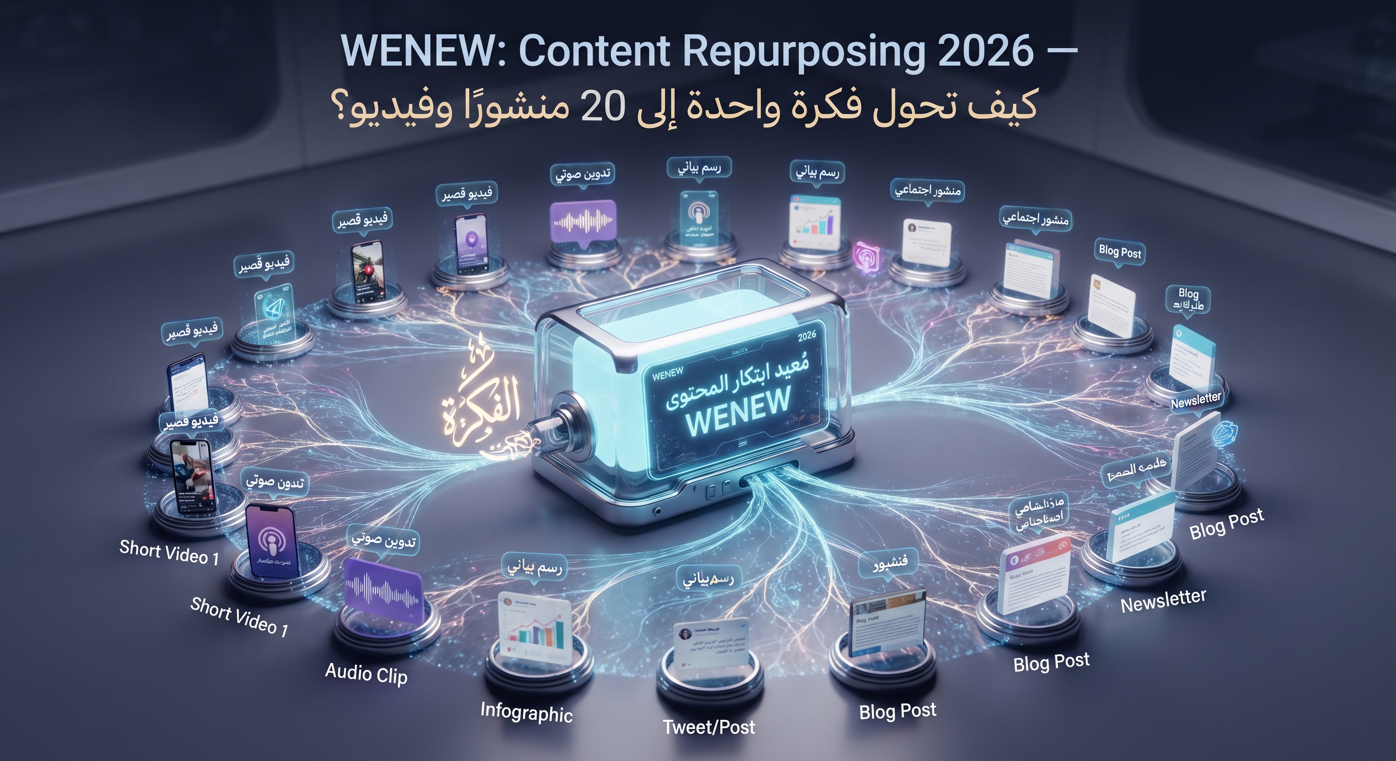 WENEW: Content Repurposing 2026 — كيف تحول فكرة واحدة إلى 20 منشورًا وفيديو؟
