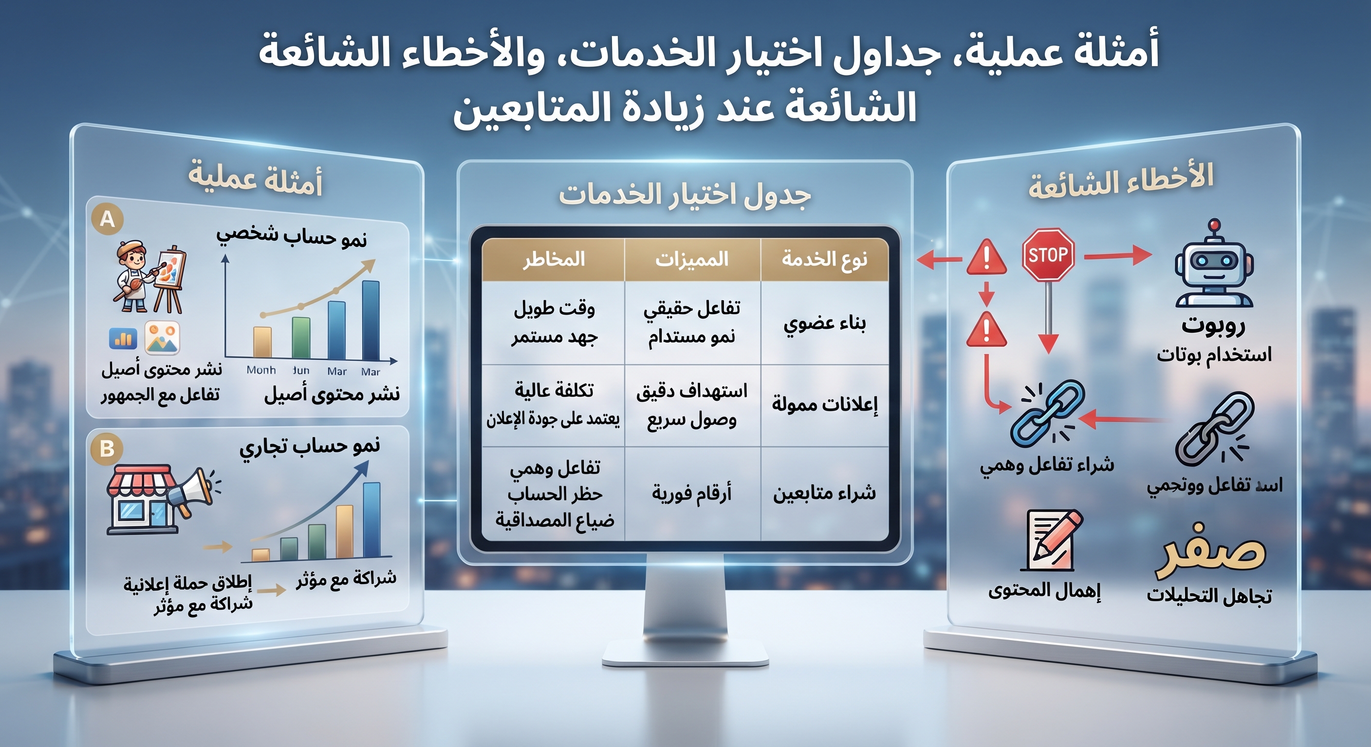 أمثلة عملية، جداول اختيار الخدمات، والأخطاء الشائعة عند زيادة المتابعين