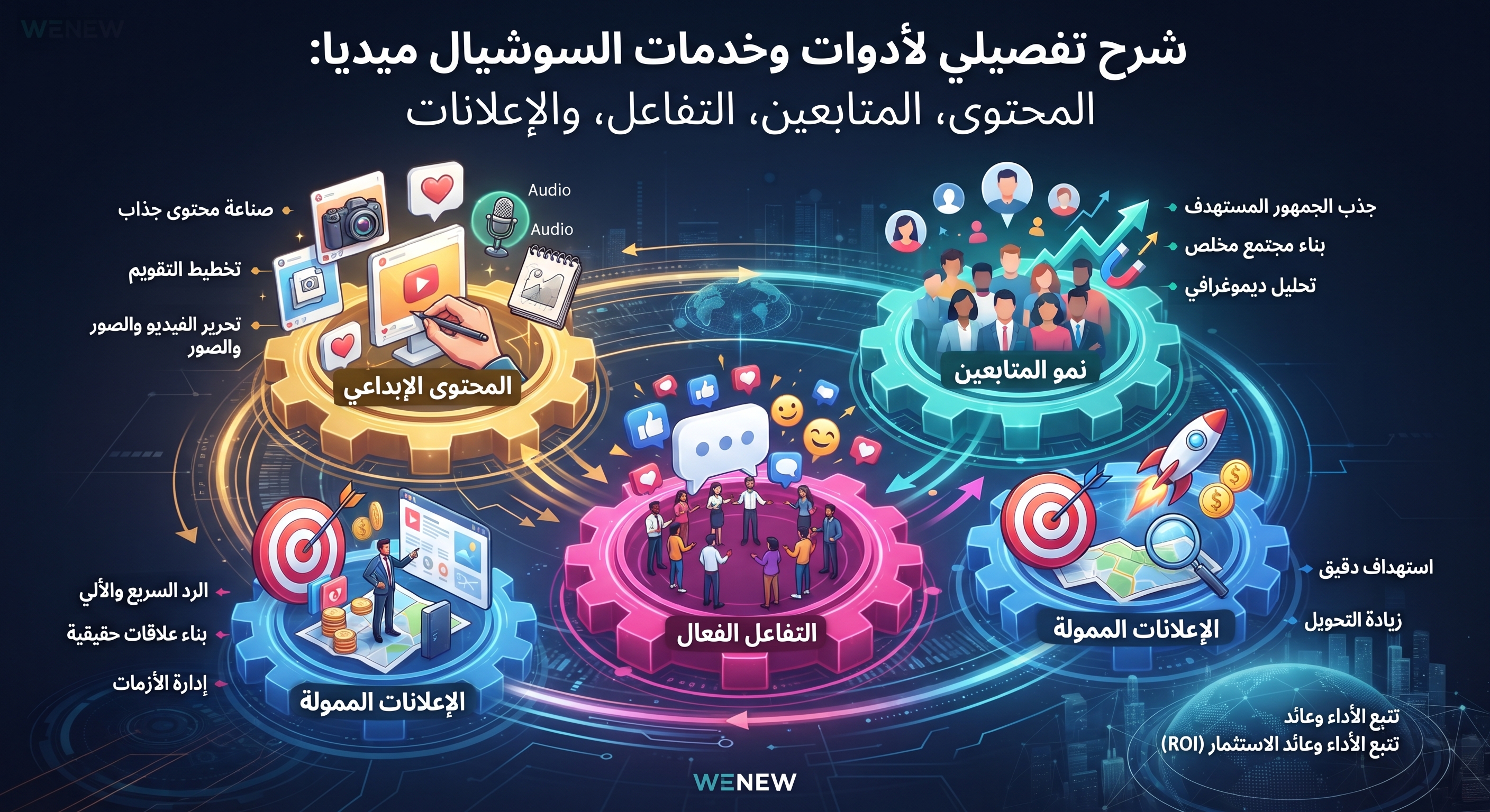 شرح تفصيلي لأدوات وخدمات السوشيال ميديا: المحتوى، المتابعين، التفاعل، والإعلانات