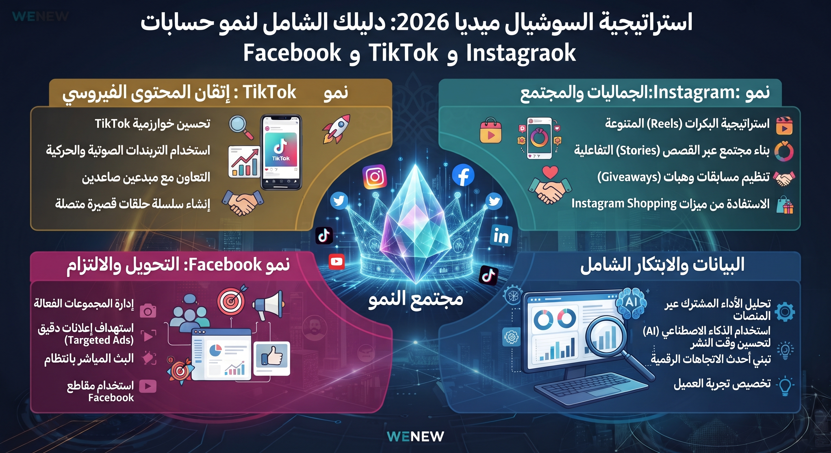 استراتيجية السوشيال ميديا 2026: دليلك الشامل لنمو حسابات Instagram وTikTok وFacebook