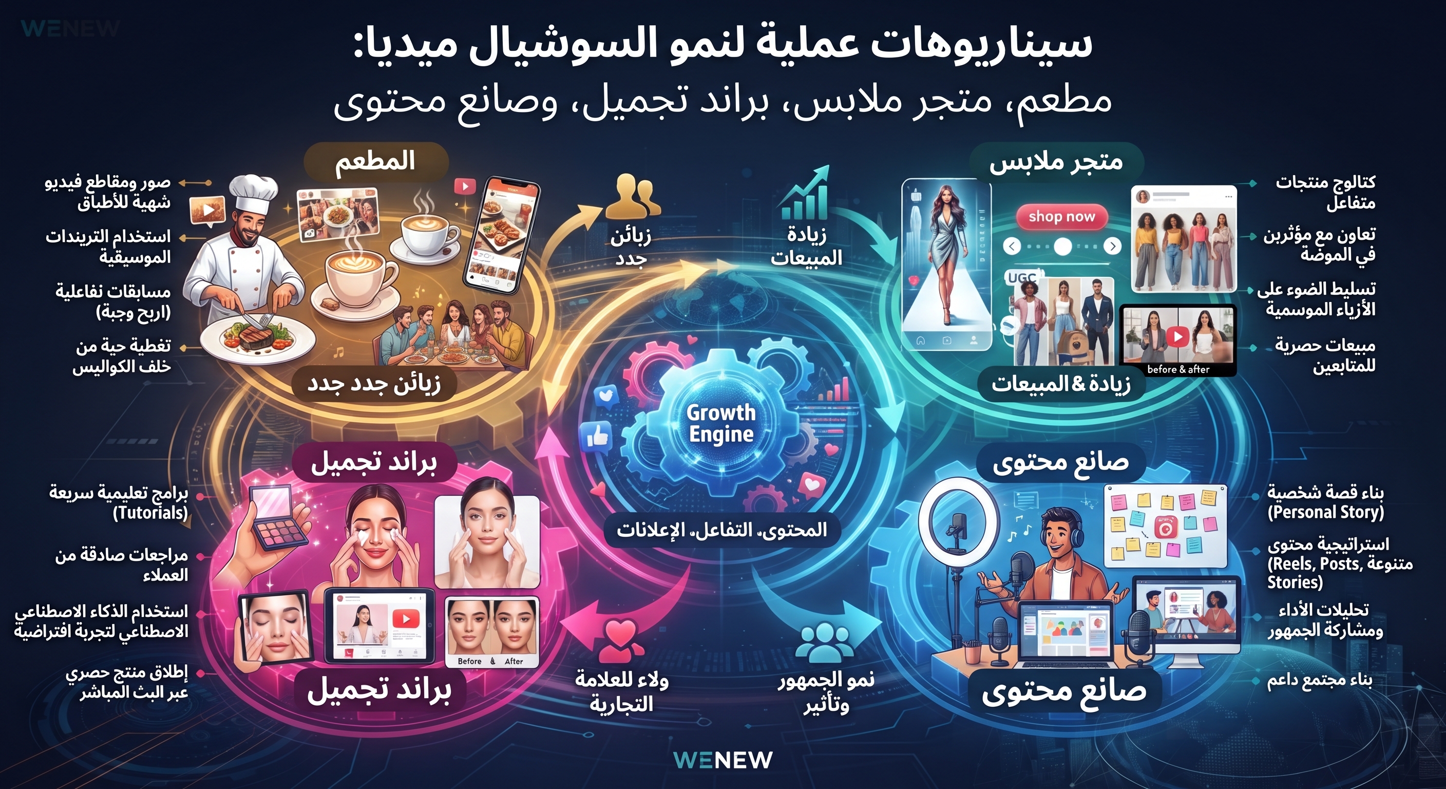 سيناريوهات عملية لنمو السوشيال ميديا: مطعم، متجر ملابس، براند تجميل، وصانع محتوى